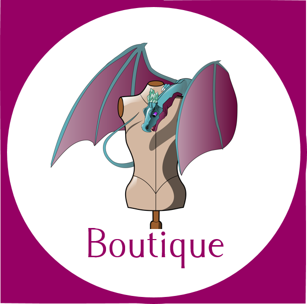 LOgo représentant un dragon sur un mannequin de couture avec écris boutique