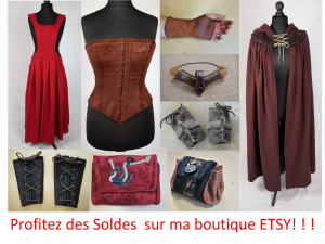 Costumes et accessoires fantastique réalisés par l'atelier de couture Les ailes de sintara. Robe, bustier, cape, manchette, bourses...
