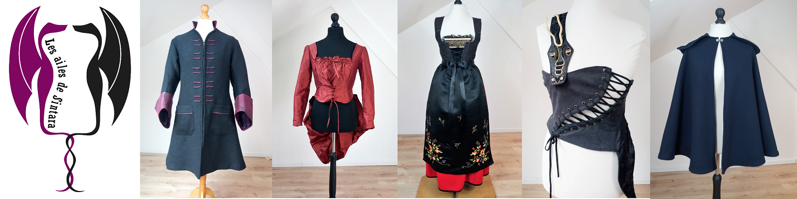 presente des costumes crées et confectionnés par l'atelier de couture les ailes de Sintara